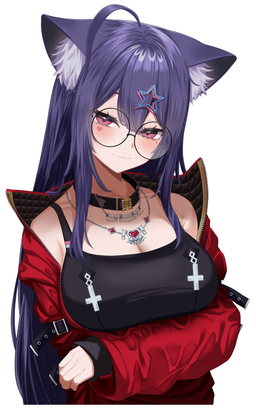 1girl absurdres ahoge akuma_nihmune animal_ear_fluff animal_ears bare_shoulders black_choker black_shirt blush breasts cat_ears cat_girl choker cleavage closed_mouth commentary eyelashes glasses hair_ornament heart heart_necklace heart_on_cheek highres indie_virtual_youtuber jacket jewelry large_breasts long_hair mole mole_under_eye necklace pink_eyes purple_hair red_jacket round_eyewear shirt simple_background sleeveless sleeveless_shirt smile solo star_(symbol) star_hair_ornament takamiya_nao upper_body virtual_youtuber white_background