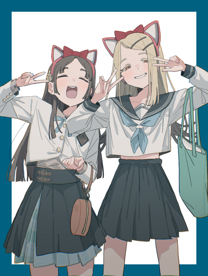 2girls ^_^ absurdres animal_ear_hairband animal_ears black_overskirt black_sailor_collar black_skirt blonde_hair blue_neckerchief blue_ribbon blue_skirt blush brown_hair cat_ear_hairband cat_ears closed_eyes collarbone commentary_request fake_animal_ears flipped_hair full_burrrrrrst gakuen_idolmaster gradient_hair grey_hair hairband hatsuboshi_gakuen_school_uniform highres idolmaster jacket kuramoto_china long_sleeves looking_at_viewer midriff multicolored_hair multiple_girls neck_ribbon neckerchief pleated_skirt ribbon sailor_collar school_uniform serafuku shinosawa_hiro shirt simple_background skirt skirt_rolled_up smile straight_hair v w white_background white_jacket white_shirt