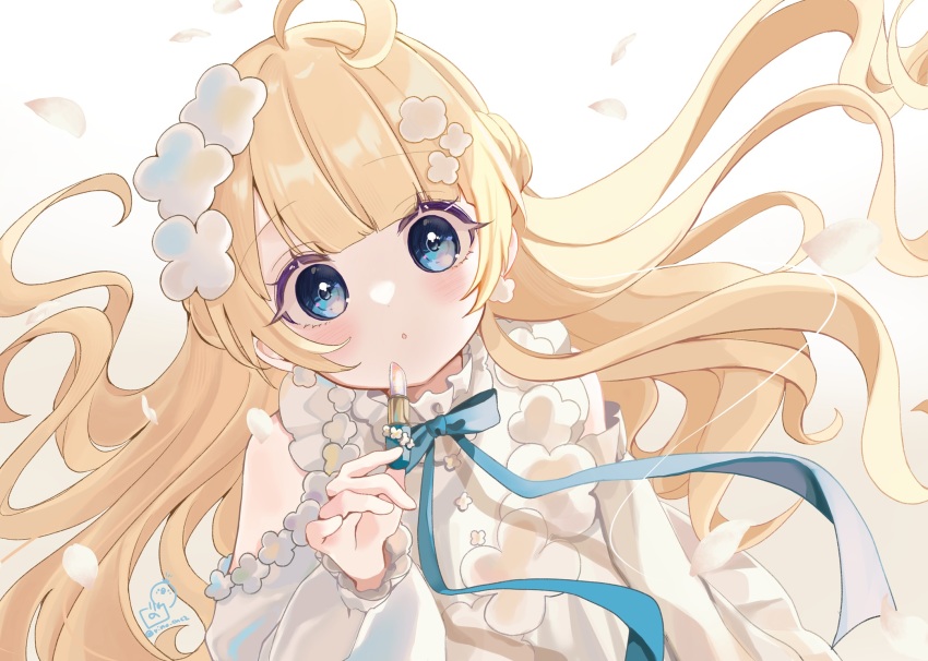 1girl blonde_hair blue_bow bow clothing_cutout commentary_request cosmetics dress floating_hair gradient_background grey_background highres holding holding_lipstick_tube lipstick_tube long_hair long_sleeves looking_at_viewer original parted_lips petals puffy_long_sleeves puffy_sleeves rino_cnc shoulder_cutout solo upper_body very_long_hair white_background white_dress