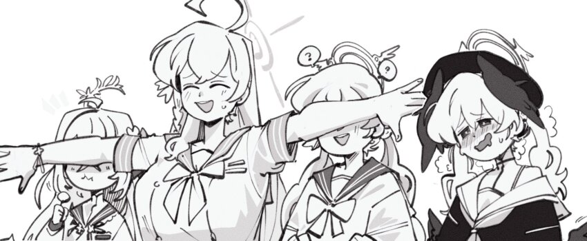 4girls ? ahoge azusa_(blue_archive) blue_archive blush bow bowtie cardigan closed_eyes closed_mouth covering_another&#039;s_eyes greyscale halo hanako_(blue_archive) hat head_wings hifumi_(blue_archive) highres kinzaibatsu91 koharu_(blue_archive) long_hair monochrome multiple_girls neckerchief open_mouth outstretched_arms shirt short_sleeves single_off_shoulder smile spoken_question_mark spread_arms twintails wings