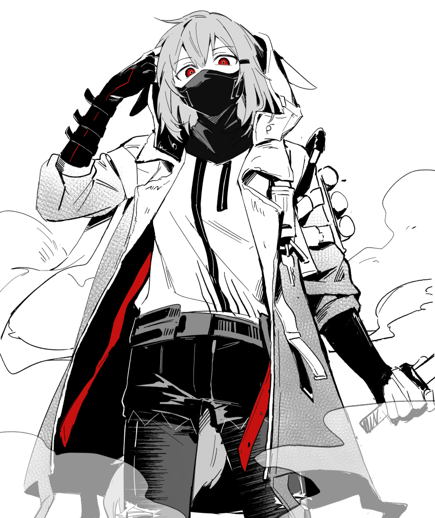 1girl absurdres adjusting_hood arknights chinese_commentary coat commentary_request cowboy_shot crownslayer_(arknights) dopperu_ben fingerless_gloves glaring gloves highres holding holding_sword holding_weapon hood hood_up long_sleeves looking_at_viewer looking_down mask red_eyes shirt short_hair smoke solo spot_color sword weapon
