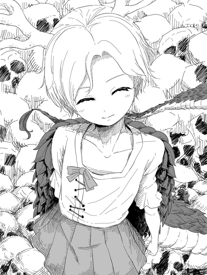 1girl antlers blonde_hair closed_eyes closed_mouth dragon_girl dragon_horns dragon_tail fur-tipped_tail highres horns kicchou_yachie monochrome monster_girl pile_of_skulls pleated_skirt scales shirt short_hair short_sleeves skirt skull smile solo square_neckline tail touhou turtle_shell uzou_(uzooooooooo)