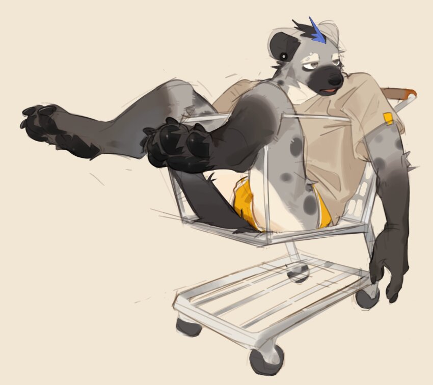arknights black_hair claws commentary dog_nose duolai8 ear_piercing english_commentary eyebrow_piercing face_piercing grey_fur highres hyena_boy hyena_ears hyena_tail in_shopping_cart lying male_focus male_underwear multicolored_hair no_pants open_mouth pawpads piercing shirt shopping_cart simple_background spot_(arknights) spotted_fur streaked_hair underwear yellow_male_underwear