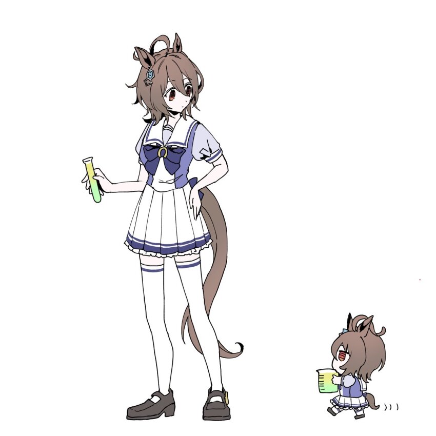 agnes_tachyon_(umamusume) ahoge animal_ears bow bowtie brown_hair chemical_structure chibi commentary_request dual_persona full_body highres holding holding_vial horse_ears horse_girl horse_tail loose_bowtie medium_hair mini_person minigirl pleated_skirt purple_bow purple_bowtie purple_shirt red_eyes sailor_collar school_uniform shirt shiruko_(oshiruko) short_sleeves simple_background skirt tail thighhighs tracen_school_uniform umamusume vial white_background white_sailor_collar white_skirt white_thighhighs