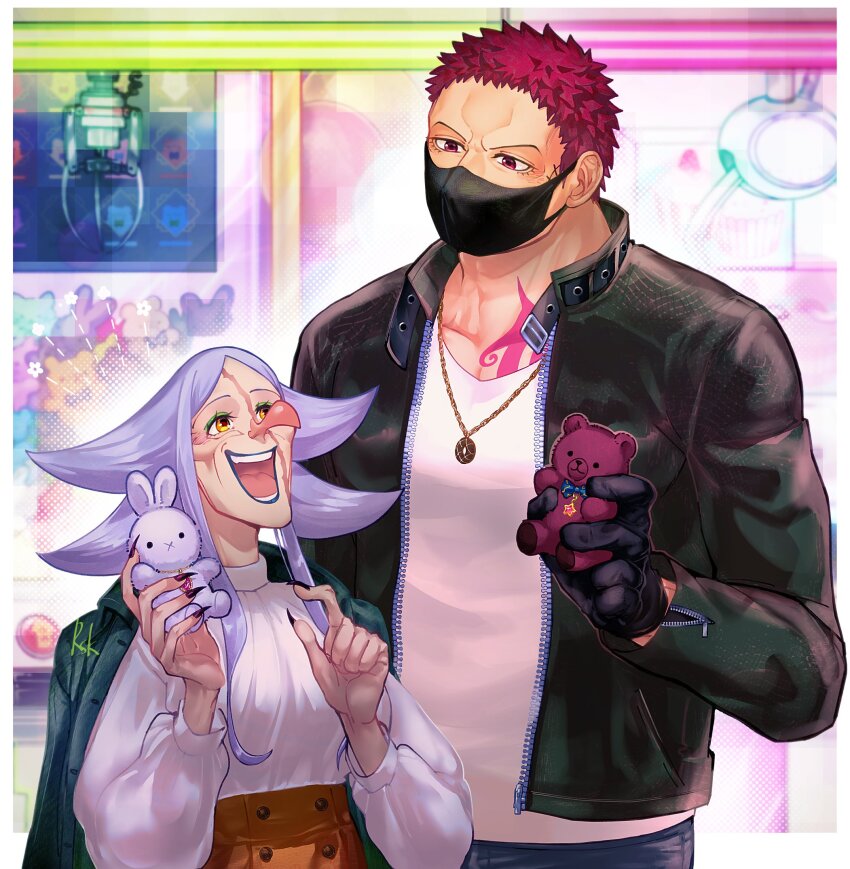 1boy 1girl black_gloves black_jacket blurry blurry_background brother_and_sister charlotte_brulee charlotte_katakuri chest_tattoo coat coat_on_shoulders crane_game eyeshadow gloves green_eyeshadow grey_coat highres holding holding_toy jacket jewelry long_sleeves looking_at_another makeup mask medium_hair mouth_mask necklace one_piece open_mouth puffy_long_sleeves puffy_sleeves purple_hair red_eyes red_hair rsk_rasukuman scar scar_on_face shirt siblings sidelocks smile spiked_hair stuffed_toy tattoo toy upper_body white_shirt yellow_eyes