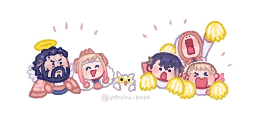 alfonse_(fire_emblem) armor bird blonde_hair blue_hair blush brother_and_sister cheering chibi chibi_only commentary crown feh_(fire_emblem_heroes) fire_emblem fire_emblem_heroes gustav_(fire_emblem) hair_ornament halo henriette_(fire_emblem) hood kiran_(fire_emblem) multiple_boys multiple_girls mushi_rags nintendo open_mouth pom_pom_(cheerleading) shoulder_armor siblings