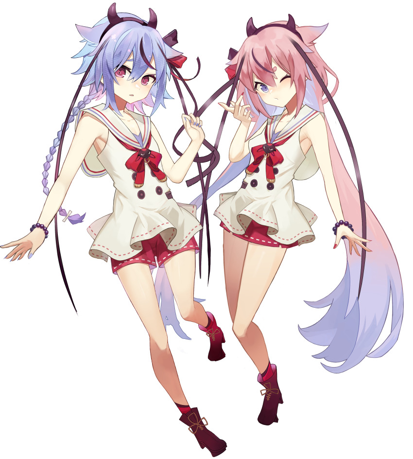 2others :t absurdres bead_bracelet beads blue_eyes blue_hair blue_nails bracelet braid collared_shirt commentary contrapposto full_body furrowed_brow geta gynoid_talk hair_ribbon hairband hakama hakama_shorts hakama_skirt hand_up high_heels highres hiragi_sage horns japanese_clothes jewelry light_blush long_hair looking_at_viewer medium_hair meika_hime meika_mikoto miniskirt multicolored_hair multiple_others nail_polish one_eye_closed pink_eyes pink_hair red_footwear red_nails red_neckwear red_ribbon red_shorts red_skirt ribbon shirt shorts side-by-side skirt sleeveless sleeveless_shirt standing thick_eyebrows triangle_mouth twintails two-tone_hair very_long_hair vocaloid white_background white_shirt