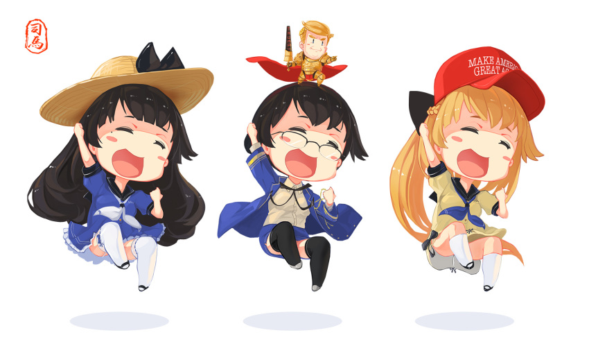 1boy 3girls ^_^ ^o^ arm_up black_hair black_socks blonde_hair blue_dress blush_stickers cape chibi closed_eyes commentary_request cosplay donald_trump dress ea_(fate) emperor_of_mankind emperor_of_mankind_(cosplay) fate_(series) games_workshop garter_straps glasses hat highres iowa_(pacific) jumping kantai_collection kneehighs lace lace-trimmed_dress lace_trim long_hair mole mole_under_eye multiple_girls pacific_(kancolle) real_life sailor_dress short_hair sima_naoteng socks sun_hat thighhighs uss_pennsylvania_(bb-38) uss_wisconsin_(bb-64) warhammer warhammer_40k watermark weapon white_dress white_legwear