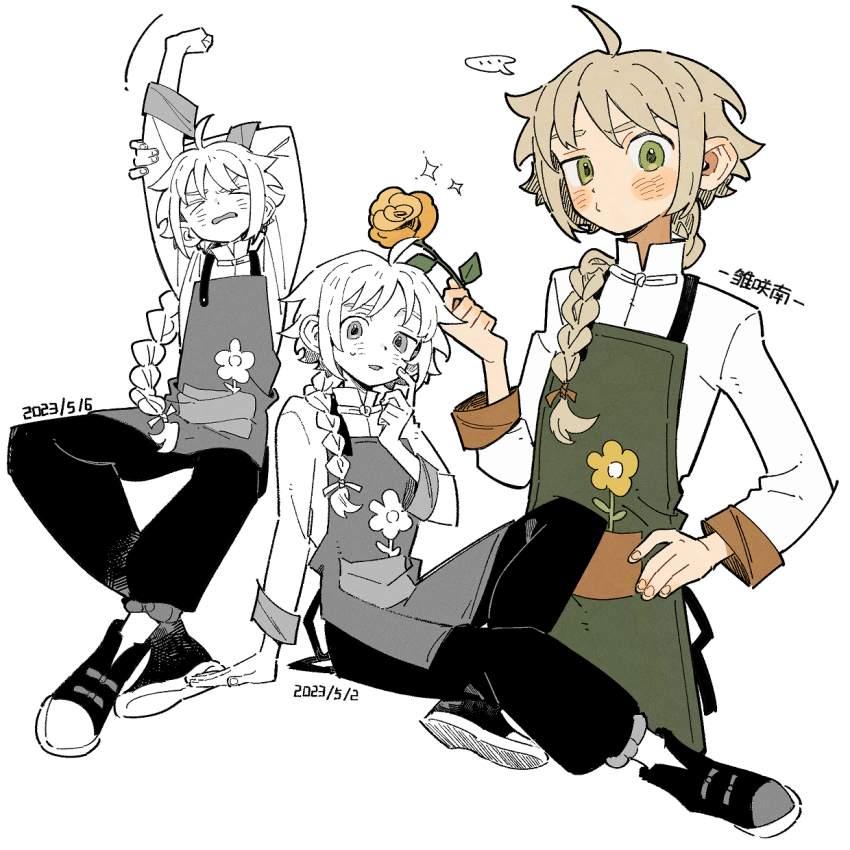 1girl 2023 ahoge apron arms_up blonde_hair blush braid closed_eyes flower green_apron green_eyes hand_on_own_hip hand_up highres holding holding_flower long_hair looking_at_viewer minamip multiple_views o3o open_mouth original single_braid sitting stretching white_background