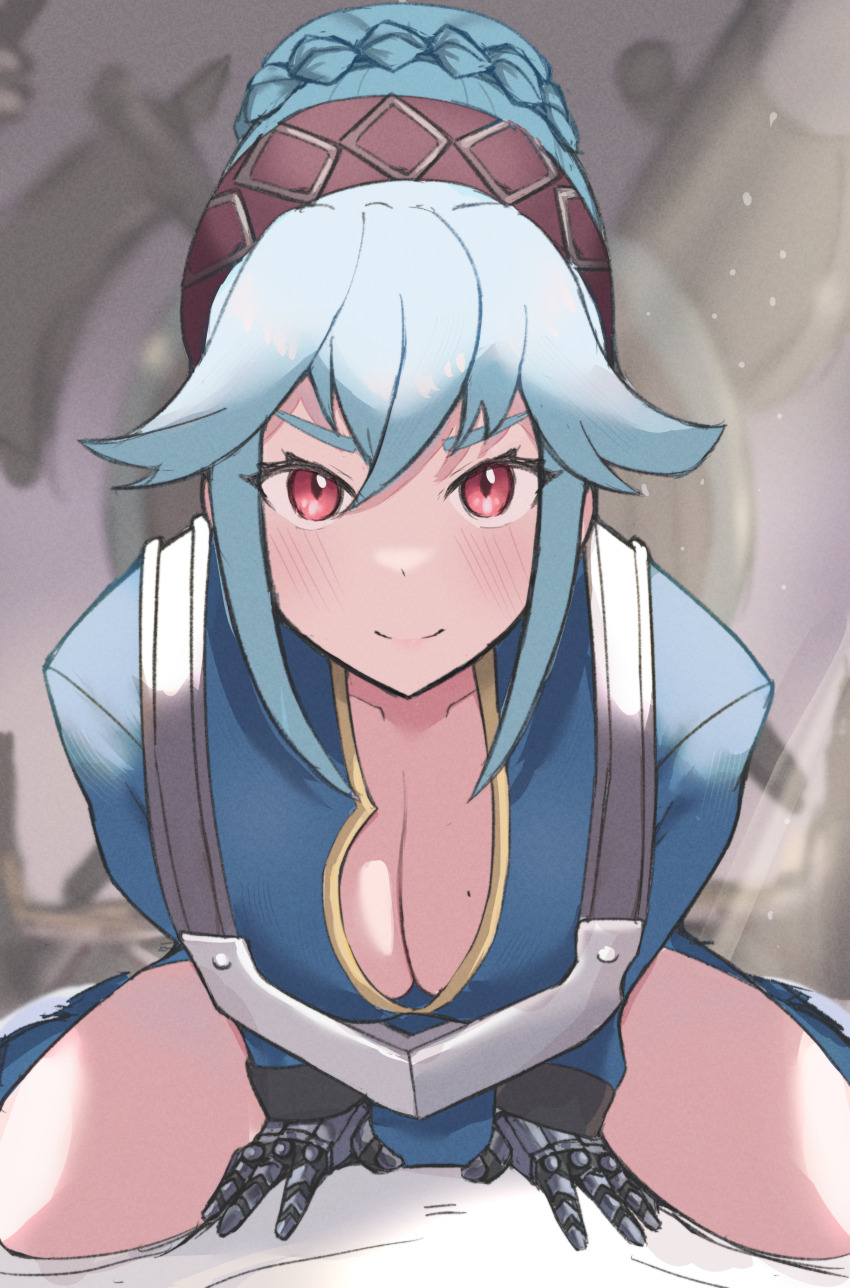 1girl absurdres blue_hair blush braid braided_bun breasts brown_hairband cleavage collarbone commentary english_commentary eyelashes gloves good_morning_my_brother_(meme) hair_between_eyes hair_bun hairband highres juneplums kneeling leaning_forward light_particles long_hair looking_at_viewer parody red_eyes smile solo tokidoki_bosotto_roshia-go_de_dereru_tonari_no_alya-san unicorn_overlord virginia_(unicorn_overlord)