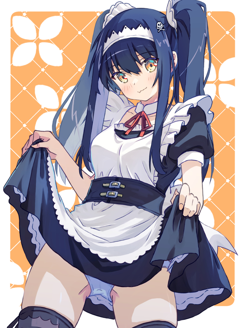 1girl akayama_yukihe apron black_corset black_dress black_hair black_thighhighs blush bone_hair_ornament closed_mouth clothes_lift collar commentary corset cowboy_shot detached_collar dress dress_lift fang flashing frilled_apron frills hair_ornament hair_ribbon highres kushima_kamome leaning_back long_hair looking_at_viewer maid maid_apron maid_headdress neck_ribbon panties red_ribbon ribbon short_sleeves skin_fang skull_and_crossbones solo summer_pockets thighhighs underwear white_apron white_collar white_panties white_ribbon yellow_eyes