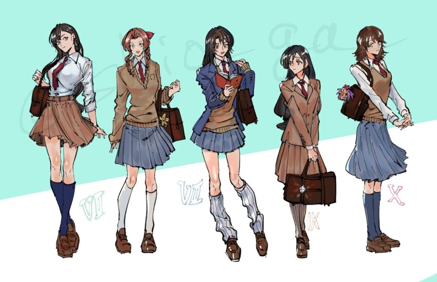 5girls aerith_gainsborough alternate_costume aqua_background bag beads black_hair blue_eyes blue_jacket blue_sky blue_socks book breasts brown_bag brown_eyes brown_hair brown_jacket brown_shoes brown_skirt brown_sweater brown_vest character_charm charm_(object) collared_shirt crystal earrings final_fantasy final_fantasy_ix final_fantasy_vii final_fantasy_viii final_fantasy_x flower full_body garnet_til_alexandros_xvii green_eyes grey_socks hair_beads hair_ornament hair_ribbon height_difference heterochromia holding holding_bag holding_book jacket jewelry kneehighs lily_(flower) loafers long_hair loose_socks low-tied_long_hair medium_breasts medium_hair multicolored_hair multiple_girls necktie official_alternate_costume open_mouth parted_bangs pleated_skirt reading red_necktie red_ribbon ribbon rinoa_heartilly school_uniform shio_ga shirt shoes shoulder_bag sidelocks skirt sky sleeves_past_wrists sleeves_rolled_up smile socks streaked_hair suit_jacket sweater sweater_vest tifa_lockhart two-tone_background v_arms valefor vest white_background white_shirt yellow_flower yuna_(ff10)