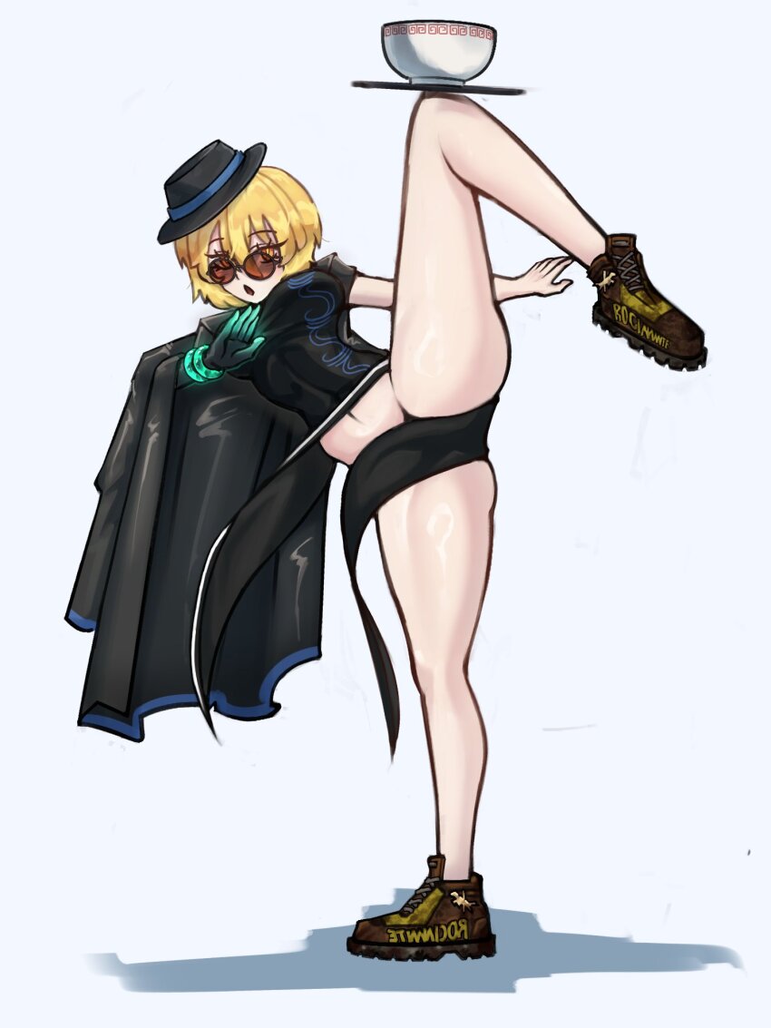 1girl black_coat black_dress black_gloves black_hat blonde_hair bowl boyarishn1ck bracelet breasts china_dress chinese_clothes coat coat_on_shoulders commentary don_quixote_(project_moon) dress earrings cinq_east_(identity)_(project_moon) elbow_gloves english_commentary gloves hat highres jewelry large_breasts leg_up limbus_company looking_at_viewer navel no_panties open_mouth partially_opaque_sunglasses project_moon round_eyewear shoes short_hair short_sleeves simple_background single_earring single_glove slit_pupils solo standing standing_on_one_leg sunglasses tilted_headwear tilted_headwear tray white_background yellow_eyes