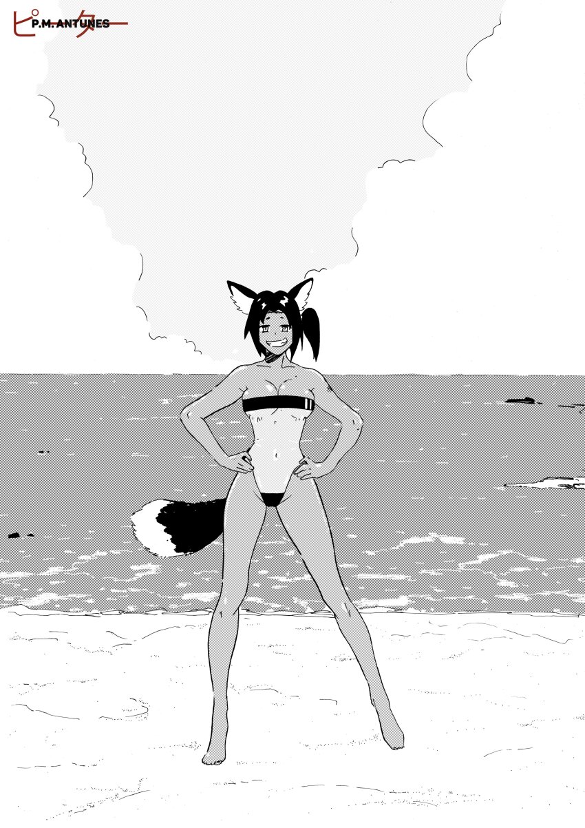 1girl absurdres animal_ears artist_logo barefoot beach borrowed_character breasts cloud cloudy_sky commentary covered_navel dithering english_commentary fox_ears fox_girl fox_tail full_body greyscale grin gris_swimsuit hands_on_own_hips highres logo looking_at_viewer medium_hair meme_attire monochrome ocean original pm_antunes ponytail sky smile solo standing tail