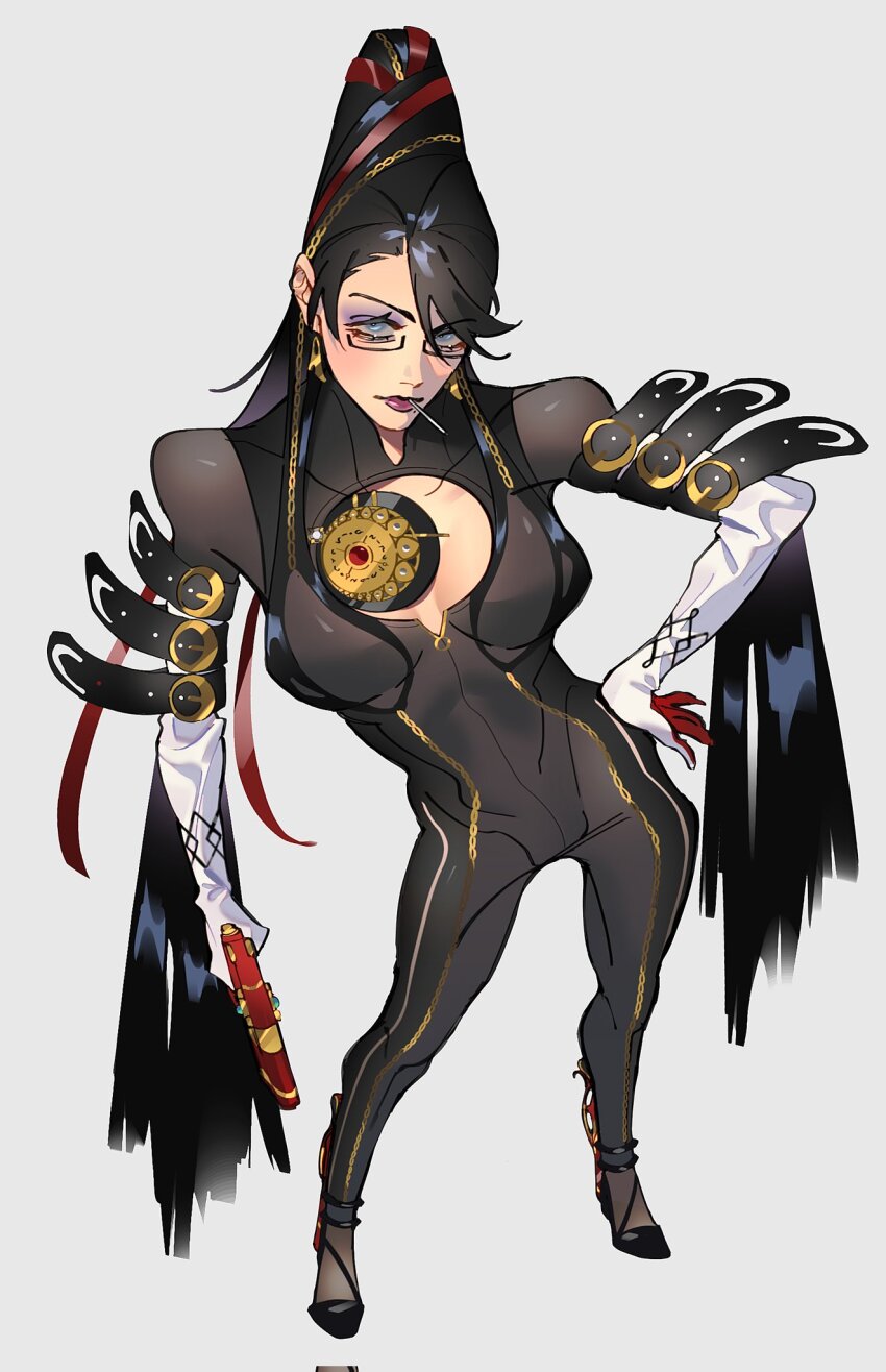 1girl ankle_gun bayonetta bayonetta_(series) bayonetta_1 beehive_hairdo black_hair breasts earrings glasses gloves highres jewelry large_breasts lips lipstick long_hair looking_at_viewer makeup mole mole_under_mouth mont_spark power_suit_(metroid) solo varia_suit very_long_hair