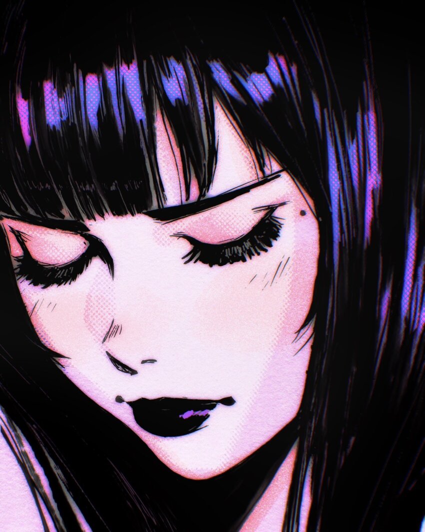 1girl black_hair black_lips blunt_bangs close-up closed_eyes highres ilya_kuvshinov long_eyelashes long_hair mole mole_under_eye original solo