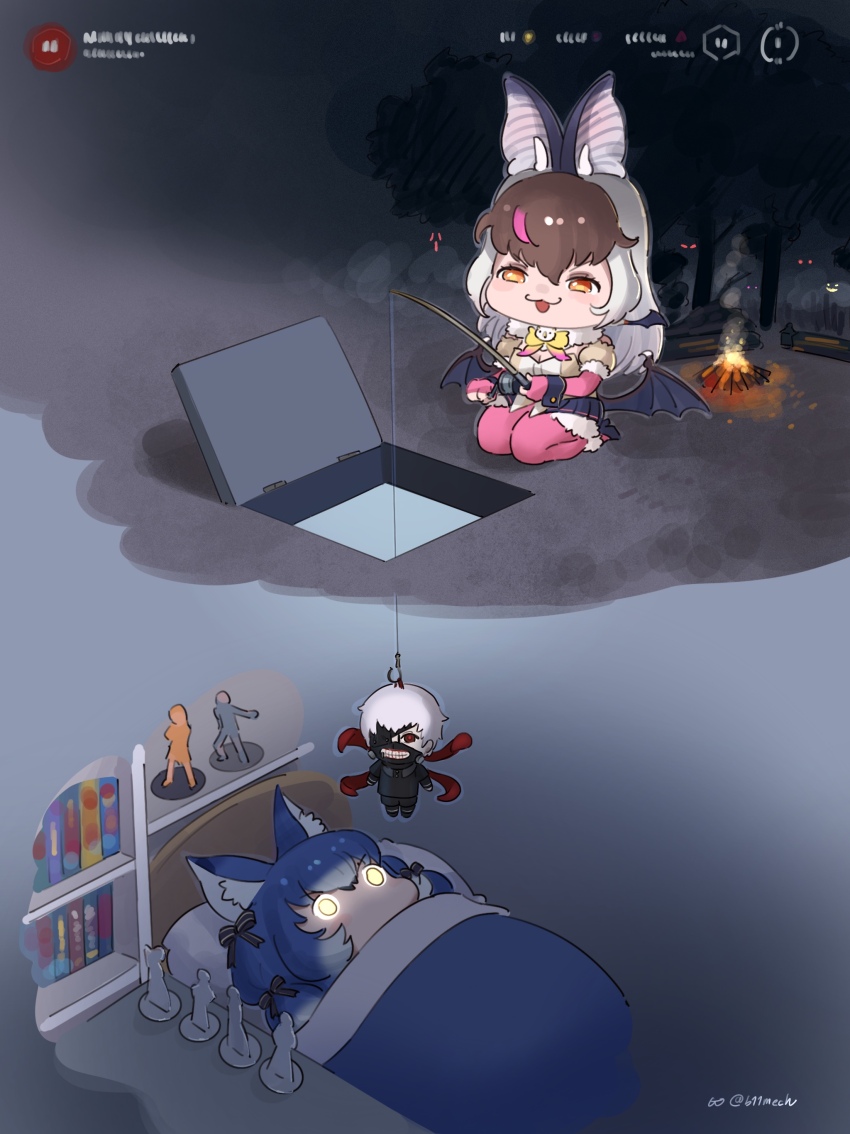 2girls absurdres animal_ears bat_ears bat_girl bat_wings beleven blue_hair brown_eyes brown_hair brown_long-eared_bat_(kemono_friends) dead_by_daylight dire_wolf_(kemono_friends) elbow_gloves extra_ears fingerless_gloves fishing_rod gloves grey_hair highres kaneki_ken kemono_friends kemono_friends_v_project leotard long_hair microphone multicolored_hair multiple_girls on_bed ribbon shoes skirt streaked_hair stuffed_toy thighhighs tokyo_ghoul twintails virtual_youtuber wings wolf_ears wolf_girl