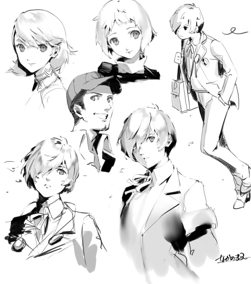 2boys 2girls closed_mouth collared_shirt commentary digital_media_player gekkoukan_high_school_uniform greyscale hair_over_one_eye hat headphones highres iori_junpei jacket long_sleeves looking_at_viewer monochrome multiple_boys multiple_girls nakano_maru neck_ribbon persona persona_3 ribbon school_uniform shirt short_hair simple_background takeba_yukari white_background yamagishi_fuuka yuuki_makoto_(persona_3)