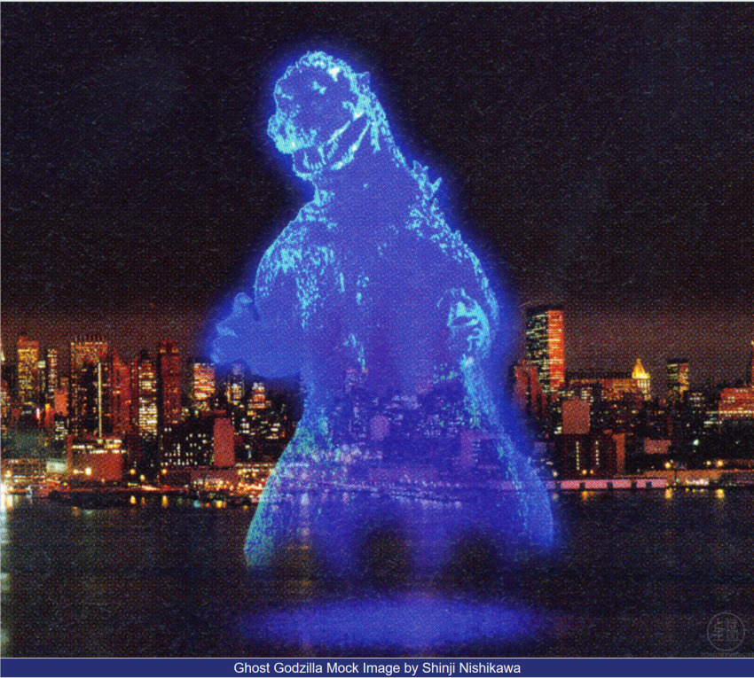 city concept_art dinosaur energy ghost ghost_godzilla giant giant_monster glowing godzilla godzilla_(series) godzilla_vs._ghost_godzilla highres kaiju monster night nishikawa_shinji official_art reflection spikes spirit toho undead unmade_project water