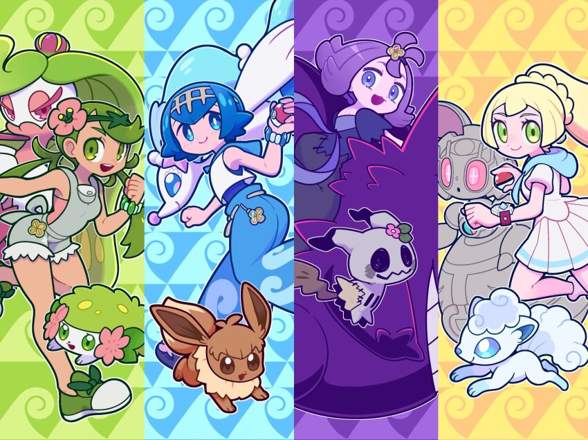 4girls 4others acerola_(pokemon) ahoge alolan_form alolan_vulpix antenna_hair bear_ringer blonde_hair blue_background blue_eyes blue_hair blue_pants blue_sailor_collar braid breasts dark-skinned_female dark_skin dress eevee flipped_hair flower gen_1_pokemon gen_4_pokemon gen_7_pokemon gengar green_background green_eyes green_hair green_shoes green_skirt hair_flower hair_ornament hairband highres holding holding_poke_ball lana_(pokemon) legendary_pokemon lillie_(pokemon) long_hair looking_at_viewer magearna mallow_(pokemon) mimikyu multiple_girls multiple_others mythical_pokemon nintendo no_sclera one-piece_swimsuit open_mouth overall_shorts overalls pants pink_flower pleated_skirt poke_ball poke_ball_(basic) pokemon pokemon_(creature) pokemon_sm ponytail primarina purple_background purple_dress purple_eyes purple_hair sailor_collar sandals shaymin shaymin_(land) shirt shoes short_hair short_sleeves skirt sleeveless smile sneakers swimsuit swimsuit_under_clothes tsareena twintails waves white_shirt white_skirt yellow_background
