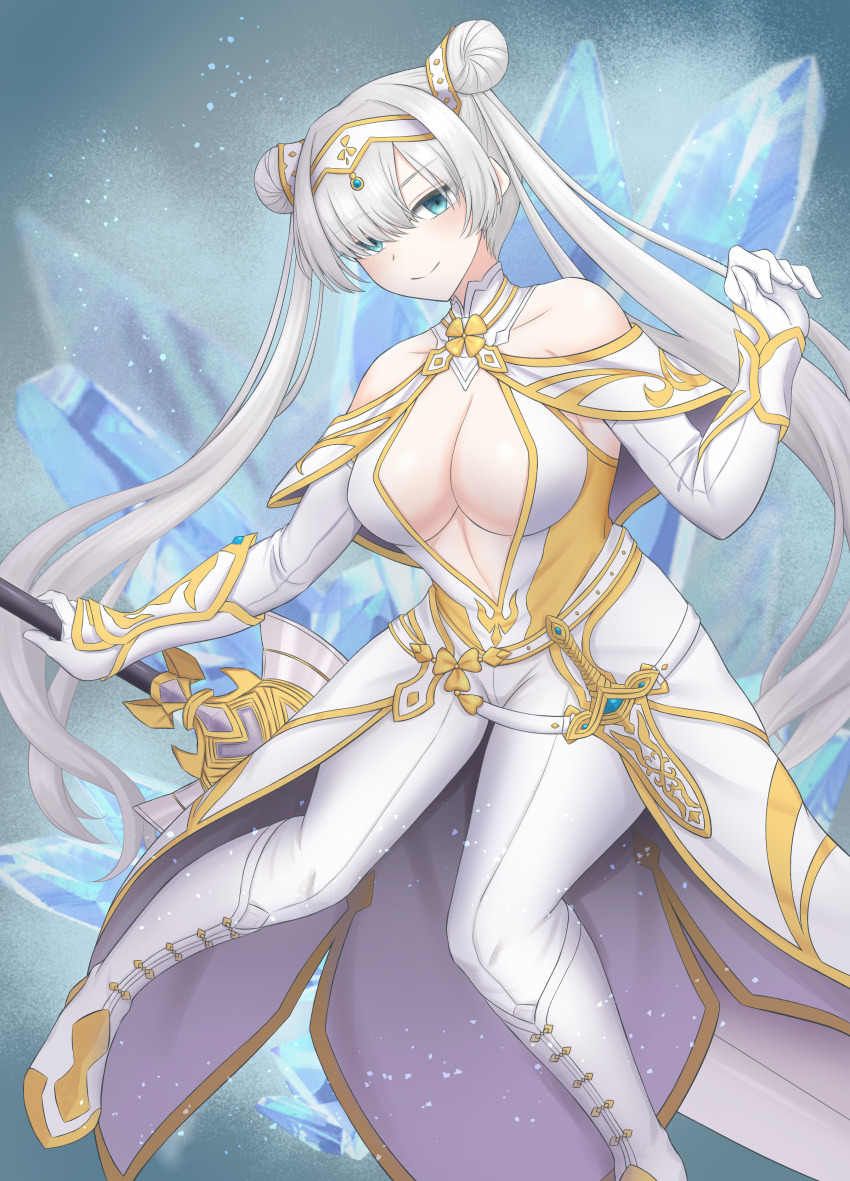 1girl absurdres anastasia_(fate) arm_guards bare_shoulders blue_eyes blush boots breasts britomart_(fate) britomart_(fate)_(cosplay) britomart_(second_ascension)_(fate) capelet center_opening cleavage commission cosplay double_bun dress elbow_gloves fate/grand_order fate_(series) gloves gold_trim greatsword hair_bun hair_over_one_eye hairband highres ice_crystal knee_boots large_breasts long_hair looking_at_viewer pants pixiv_commission solo sword taut_clothes taut_dress tight_clothes tight_pants twintails utsugi_(karautu_gi) very_long_hair weapon white_boots white_capelet white_dress white_gloves white_hair white_pants