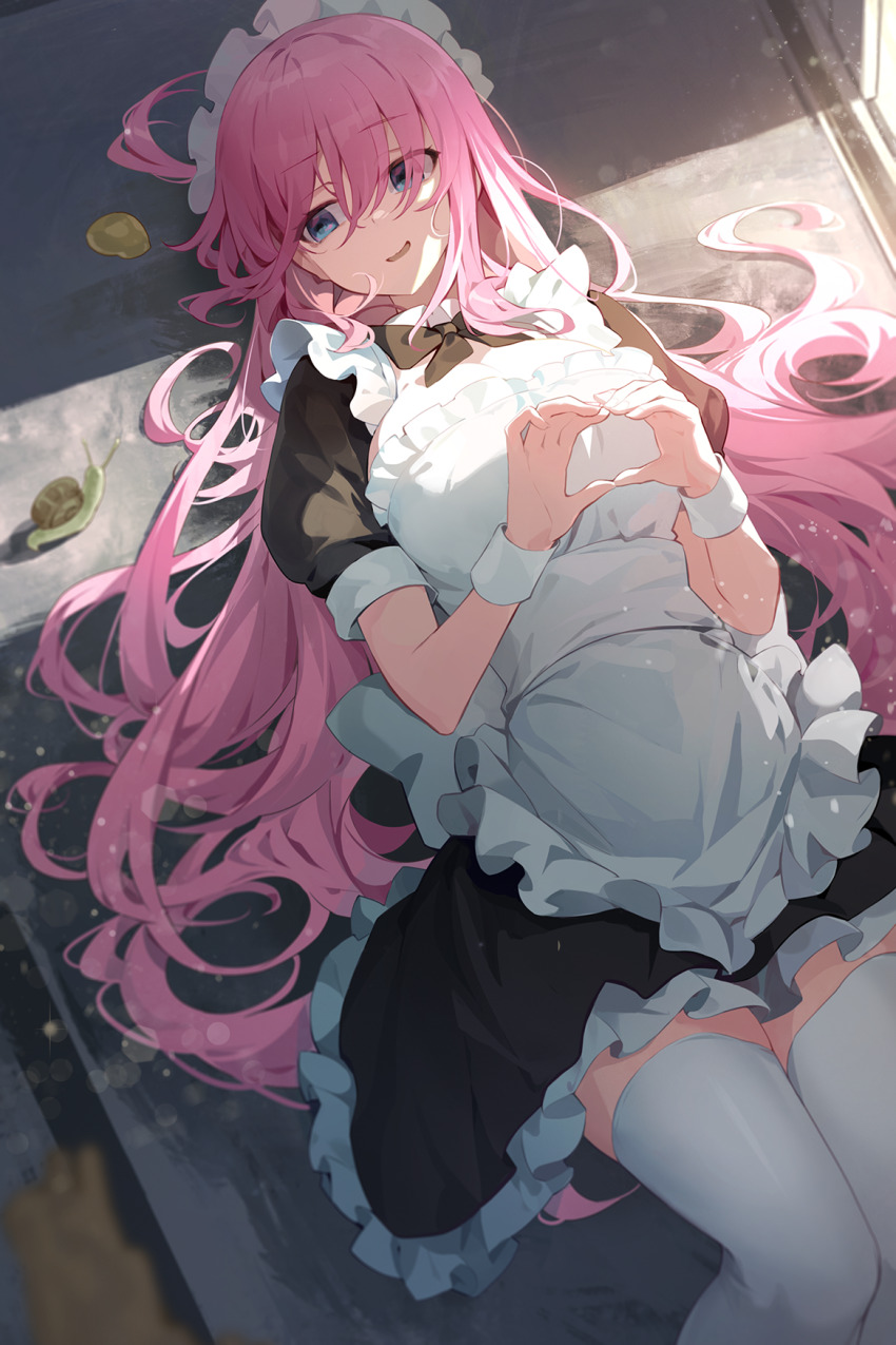 1girl apron blue_eyes bocchi_the_rock! goomrrat gotoh_hitori hair_between_eyes hair_spread_out heart heart_hands highres long_hair lying maid maid_apron maid_headdress on_back pink_hair snail solo thighhighs thighs white_thighhighs