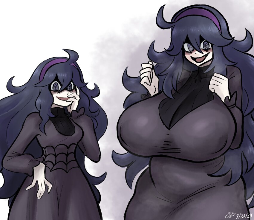 1girl @_@ absurdres ahoge breast_expansion breasts covered_erect_nipples dress female_focus hex_maniac_(pokemon) highres huge_breasts long_hair looking_at_viewer matching_hair/eyes medium_breasts nintendo plump pokemon pokemon_xy purple_eyes purple_hair solo videajames