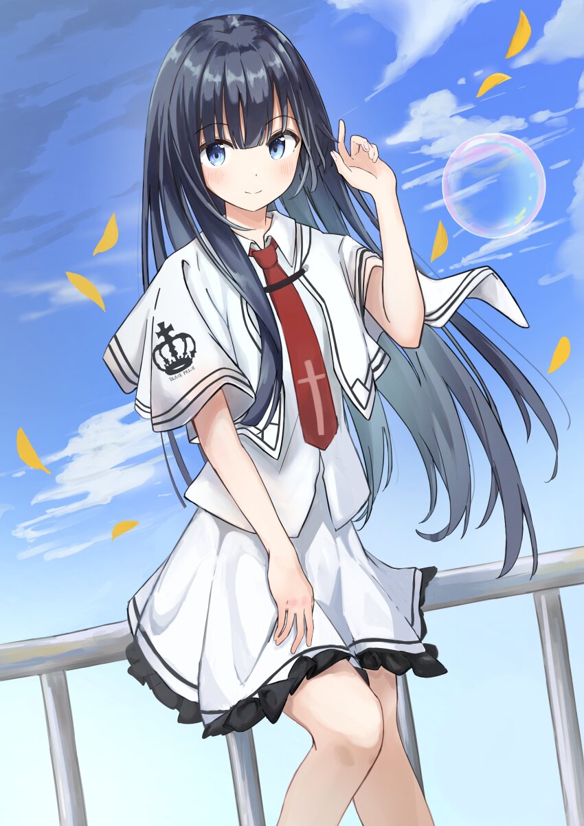 1girl absurdres against_railing black_hair blue_eyes blunt_bangs bubble capelet closed_mouth cloud collared_shirt cowboy_shot cross cross_print crown_print day frilled_skirt frills hand_up highres leaf long_hair looking_at_viewer necktie outdoors railing red_necktie school_uniform shirt skirt sky smile solo standing straight_hair subarashiki_hibi takashima_zakuro white_capelet white_shirt white_skirt you0812n