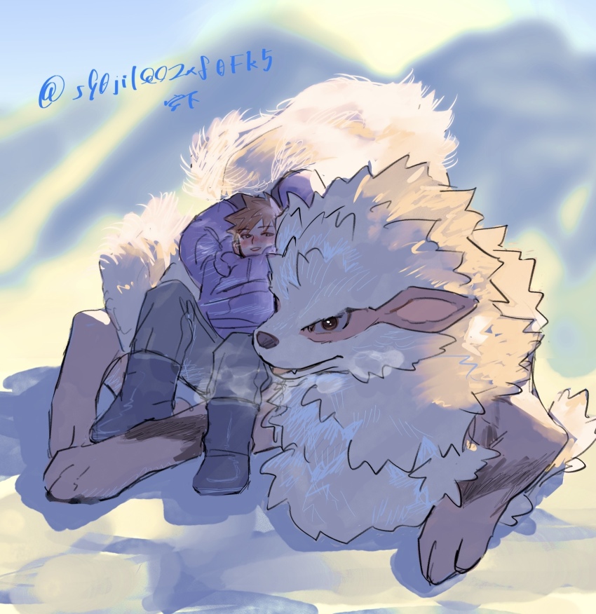 1boy alternate_costume arcanine arms_up black_footwear blue_oak boots breath brown_hair commentary_request gen_1_pokemon grey_pants highres jacket long_sleeves male_focus miyage_no_nukegara nintendo open_mouth pants pokemon pokemon_(creature) pokemon_rgby purple_jacket short_hair sitting twitter_username