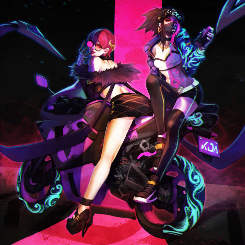2girls absurdres adjusting_eyewear adjusting_glasses akali ass asymmetrical_clothes back bandeau bare_shoulders baseball_cap black_choker bodypaint breasts brown_hair choker claw_(weapon) commentary covered_mouth cropped_jacket detached_sleeves earrings english_commentary evelynn_(league_of_legends) feather_boa flat_ass glasses hair_ornament hairclip hat high_heels highres idol jacket jewelry k/da_(league_of_legends) k/da_akali k/da_evelynn league_of_legends long_hair long_legs looking_at_viewer mask medium_breasts midriff miniskirt monori_rogue motor_vehicle motorcycle mouth_mask multiple_girls neon open_clothes open_jacket pince-nez pink-tinted_eyewear pink-tinted_glasses pink_hair ponytail round_eyewear shoes single_pantsleg single_thighhigh skirt sneakers spray_can straddling sunglasses thighhighs tinted_eyewear ultraviolet_light weapon