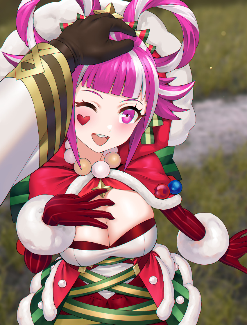 1girl absurdres blunt_bangs breasts christmas commission commissioner_upload dress facial_mark fire_emblem fire_emblem_engage fire_emblem_heroes folded_twintails fur_wrist_cuffs gloves hair_flaps hair_rings headpat heart heart_facial_mark highres hortensia_(fire_emblem) hortensia_(winter&#039;s_dearest)_(fire_emblem) igni_tion kiran_(fire_emblem) kiran_(male)_(fire_emblem) leather leather_gloves medium_breasts multicolored_hair nintendo non-web_source official_alternate_costume open_mouth pink_eyes pink_hair pov red_gloves santa_costume santa_dress striped_clothes teeth two-tone_hair upper_teeth_only vertical-striped_clothes white_trim wrist_cuffs