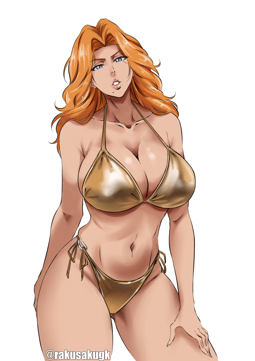 1girl absurdres bikini bleach blue_eyes breasts cleavage collarbone gold_bikini golden_week golden_week_bikini highleg highleg_bikini highres huge_breasts kubo_tite_(style) large_breasts long_hair looking_at_viewer matsumoto_rangiku mole mole_under_mouth navel orange_hair rakusakugk satin_bikini shiny_swimsuit side-tie_bikini_bottom simple_background solo stomach string_bikini swimsuit thighs twitter_username white_background