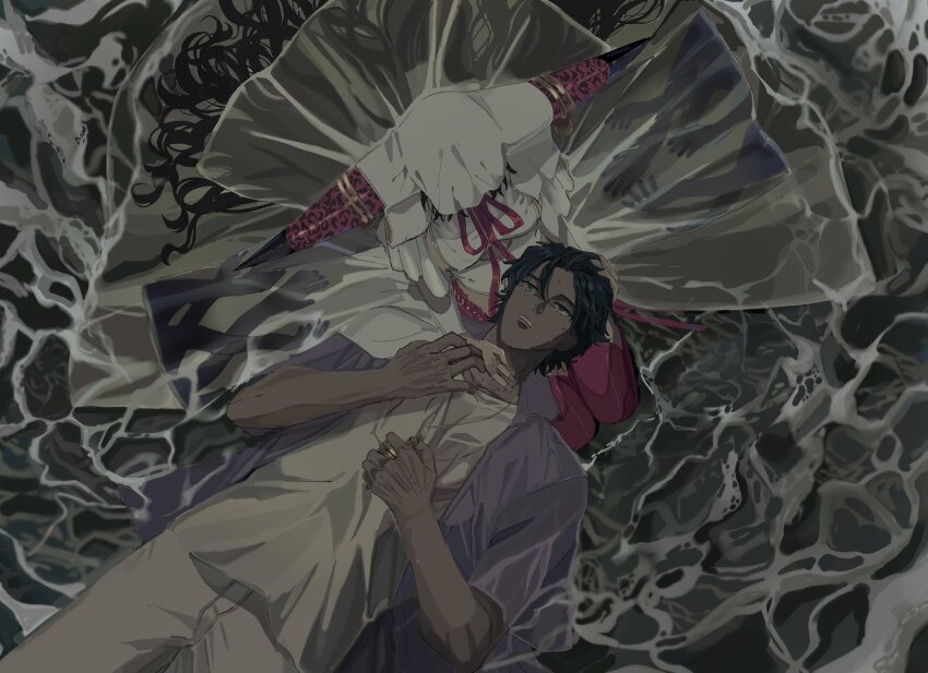 1boy 1girl bartholomew_roberts_(fate) bartholomew_roberts_(smiley_summer_wear)_(fate) black_hair blue_eyes clenched_hand crying crying_with_eyes_open dark-skinned_male dark_skin dress fate/grand_order fate_(series) from_above genjitsu_(pb_dbi) hair_between_eyes hair_spread_out hand_on_another&#039;s_head hand_on_another&#039;s_neck hands_up highres holding horn_ornament horn_ring horns jacket jewelry lap_pillow long_hair looking_up lying necklace on_back outdoors pants parted_lips partially_submerged pink_horns pink_ribbon purple_jacket ribbon sessyoin_kiara shirt short_hair short_sleeves sitting tears veil water wavy_hair white_dress white_pants white_shirt white_veil