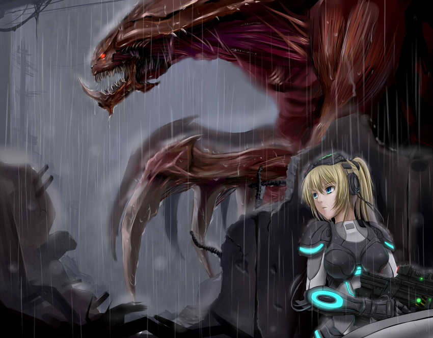 1girl absurdres aqua_eyes armor blonde_hair bodysuit fang ghost_(starcraft) goggles goggles_on_head gun headphones hiding highres hydralisk monster neon_trim nova_(starcraft) ponytail power_armor rain red_eyes rifle starcraft starcraft_2:_wings_of_liberty terran weapon windtalker zerg_(starcraft)