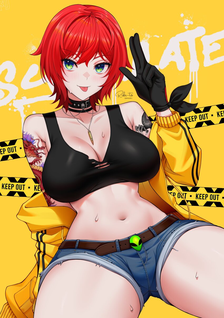 1girl :p absurdres arm_tattoo bare_shoulders belt black_choker black_gloves black_shirt blue_shorts blush breasts brown_belt caution_tape choker cleavage commentary crop_top denim dragon_tattoo elly_(vtuber) english_commentary eyelashes gloves graffiti green_eyes hand_up highres indie_virtual_youtuber jacket jewelry midriff navel necklace open_clothes open_jacket red_hair riki-to shirt short_hair short_shorts shorts sitting smile solo sweat tattoo thighs tongue tongue_out torn_clothes torn_shirt virtual_youtuber yellow_background yellow_jacket