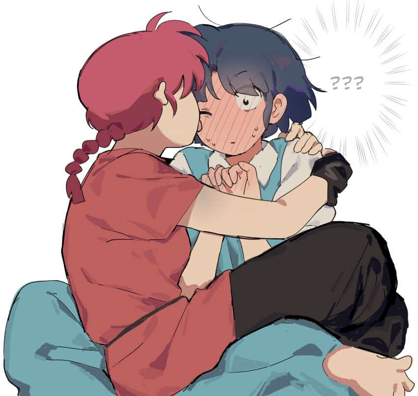 2girls ??? barefoot blue_hair braid braided_ponytail chinese_clothes embarrassed fuurinkan_high_school_uniform highres licking licking_another&#039;s_face lizze_35 multiple_girls ranma-chan ranma_1/2 red_hair school_uniform short_hair simple_background surprised tangzhuang tendou_akane toes white_background yuri