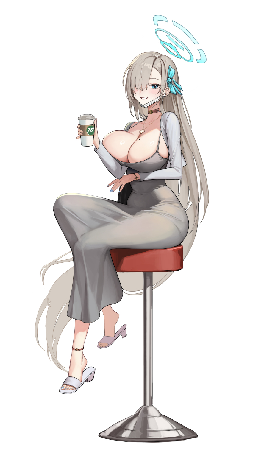 1girl absurdres alternate_costume anklet asuna_(blue_archive) bar_stool blonde_hair blue_archive blue_eyes blue_halo blue_nails blue_ribbon blush breasts cardigan cleavage coffee cropped_jacket cup disposable_coffee_cup disposable_cup dongtan_dress dress grey_dress grin hair_over_one_eye hair_ribbon halo highres holding holding_cup jewelry large_breasts long_hair looking_at_viewer mask meme_attire mole mole_on_breast mouth_mask nail_polish necklace no_bra on_stool puka_(oni) revision ribbon sidelocks sitting slippers smile solo stool surgical_mask tight_clothes tight_dress toenail_polish toenails very_long_hair white_cardigan white_mask white_slippers