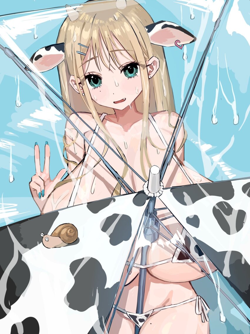 1girl animal_ears animal_print aqua_eyes between_breasts bfmelu bikini blonde_hair blue_background blue_nails blush breasts cleavage cow_ears cow_girl cow_horns cow_print cow_print_bikini earrings fang gigantic_breasts hair_ornament hairclip highres horns huge_breasts jewelry long_hair mole mole_on_thigh mole_under_eye open_mouth original print_bikini side-tie_bikini_bottom snail solo standing swimsuit thigh_gap transparent transparent_umbrella umbrella w wet