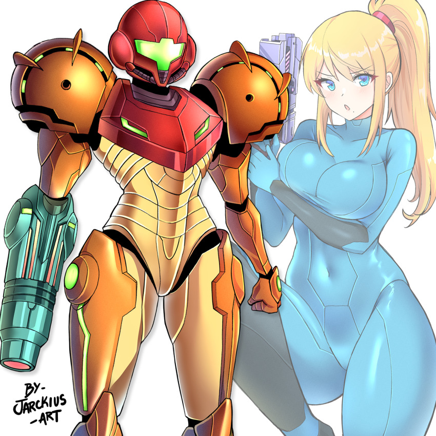 1girl arm_cannon arms_at_sides artist_name assault_visor blonde_hair blue_bodysuit blue_eyes bodysuit breasts clenched_hand commentary covered_navel english_commentary feet_out_of_frame green_visor gun hair_between_eyes helmet highres holding holding_gun holding_weapon jarckius large_breasts long_hair looking_at_viewer metroid mixed-language_commentary mole mole_under_mouth multiple_views nintendo open_mouth paralyzer ponytail power_suit power_suit_(metroid) projected_inset samus_aran simple_background skin_tight standing v-shaped_eyebrows varia_suit weapon white_background zero_suit