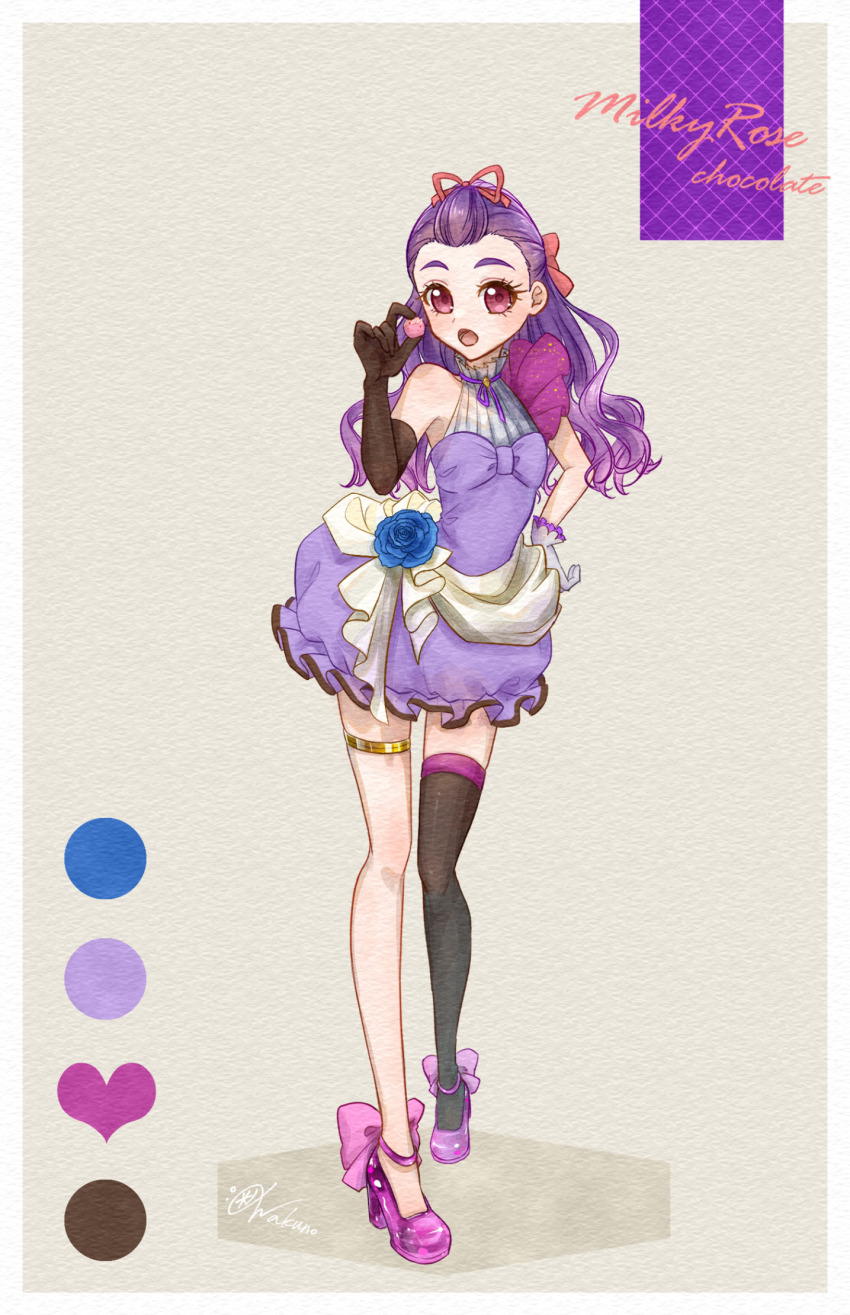 1girl asymmetrical_gloves black_gloves black_thighhighs blush bow chocolate dress elbow_gloves english_text food gloves hair_bow hair_ribbon high_heels holding holding_food long_hair mimino_kurumi open_mouth pink_bow pink_ribbon pink_shoes precure purple_dress purple_eyes purple_footwear purple_hair ribbon shoes signature single_thighhigh sleeveless sleeveless_dress solo thighhighs wakuno_lemon white_gloves yes!_precure_5 yes!_precure_5_gogo!