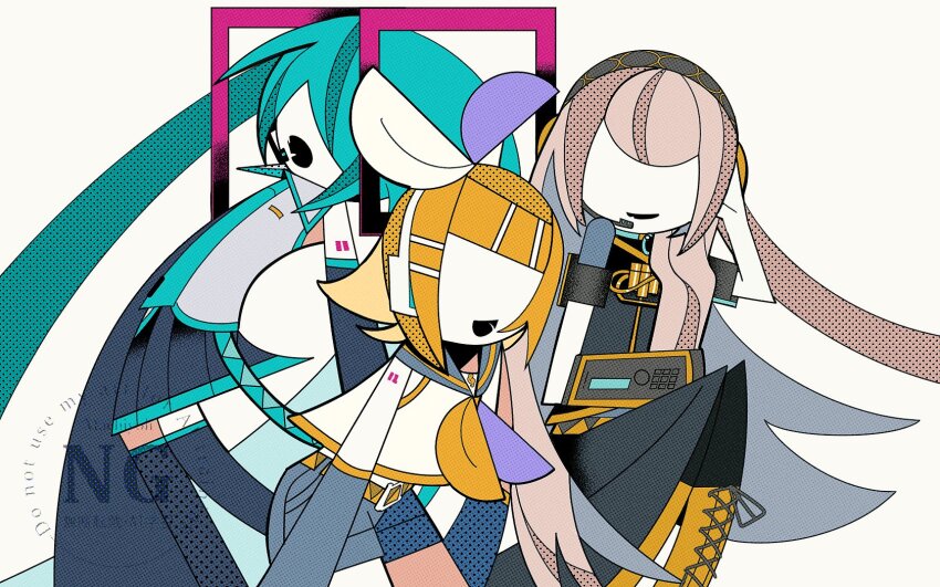 3girls aqua_hair blonde_hair boots bow colored_skin detached_sleeves facing_viewer grey_shirt grey_shorts grey_skirt grey_thighhighs hair_bow hair_ornament hairpin halftone hatsune_miku headset highres kagamine_rin long_hair machigami_yoh medium_hair megurine_luka miniskirt multiple_girls neckerchief no_eyes open_mouth pink_hair pleated_skirt shirt short_twintails shorts simple_background skirt thighhighs twintails very_long_hair vocaloid watermark white_background white_bow white_shirt white_skin yellow_boots yellow_neckerchief