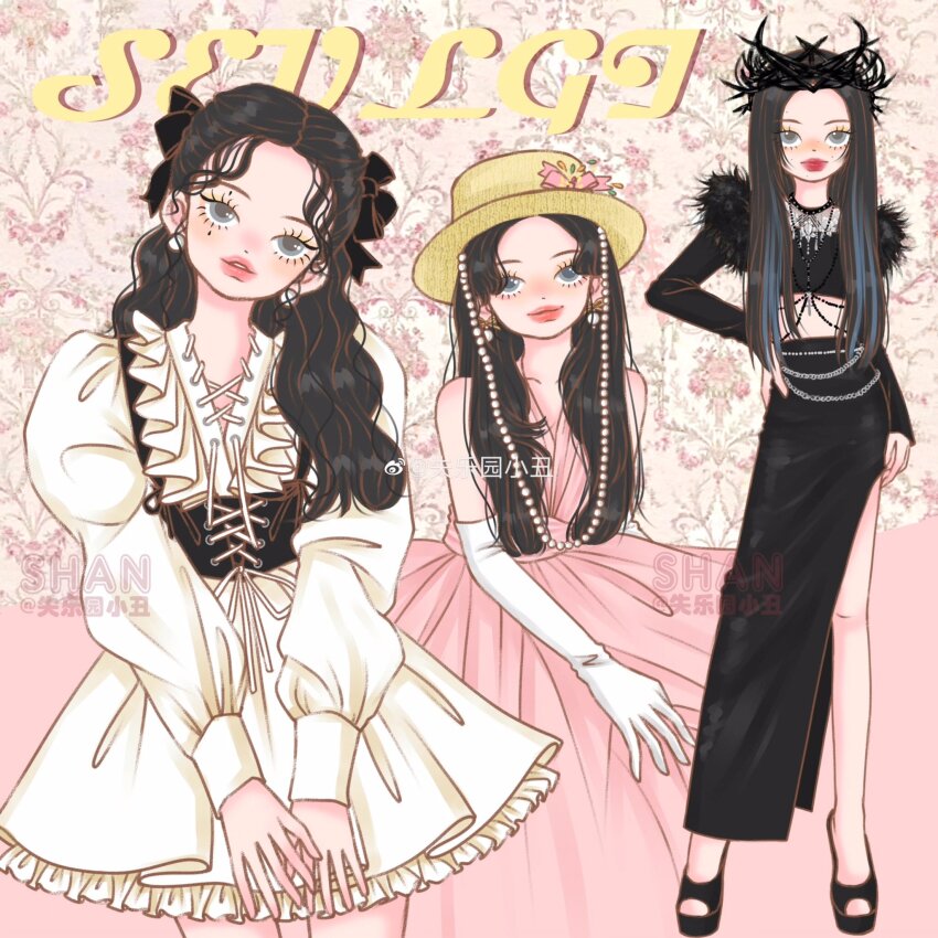 1girl artist_name_(singer) black_hair black_shoes black_skirt commentary corset crown dress earrings elbow_gloves full_body gloves hand_on_own_hip hat highres jewelry long_hair long_sleeves looking_at_viewer multiple_views pink_dress pink_lips red_velvet_(group) seulgi_(red_velvet) shoes side_slit skirt straw_hat symbol-only_commentary white_dress white_gloves wshanshanz