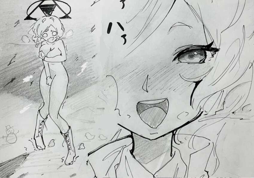 1girl blue_archive blush boots breasts covering_privates halo mira_mira_mira mirai_(blue_archive) navel nude open_mouth snow snowman solo traditional_media triangle_halo