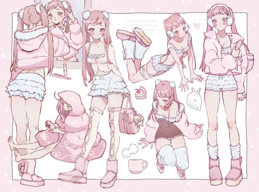 1girl backpack bag barefoot blush bomhat boots bra breasts cellphone closed_mouth coffee_mug collarbone cup earmuffs english_text facing_away facing_viewer full_body fur_boots fur_trim highres jacket legs long_hair long_sleeves looking_at_mirror looking_at_self looking_at_viewer mirror mug multiple_views original parka phone pink_background pink_eyes pink_jacket pink_ribbon puffy_shorts rabbit ribbon shirt shorts simple_background sitting skirt small_breasts smartphone smile socks soles solo standing thighhighs twintails ugg_boots underwear white_shorts white_skirt white_socks white_thighhighs