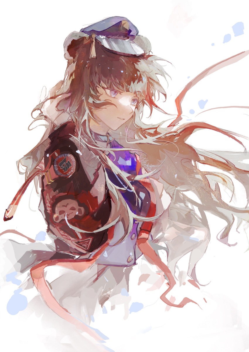 1girl absurdres adjusting_hair animal_ears arknights bear_ears bear_girl black_choker blue_eyes blue_hat blue_shirt brown_hair chinese_commentary choker commentary_request cropped_torso expressionless floating_hair from_side half-closed_eyes hat highres jacket kepi lizicha long_hair looking_ahead military_hat official_alternate_costume open_clothes open_jacket parted_lips puffy_sleeves red_jacket shirt signature simple_background solo upper_body white_background zima_(arknights) zima_(ready_to_go)_(arknights)