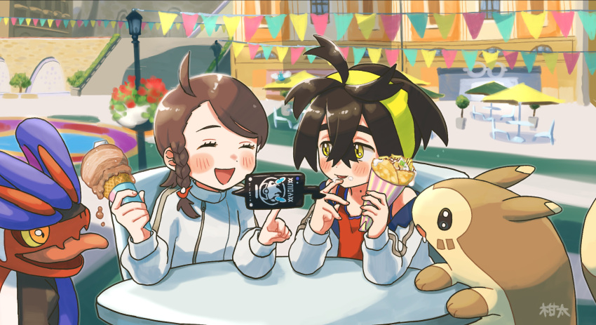 1boy 1girl :d ahoge black_hair blush braid brown_hair closed_eyes commentary_request crepe crossed_bangs day food food_on_face furret gen_2_pokemon gen_4_pokemon hairband highres ice_cream ice_cream_cone index_finger_raised juliana_(pokemon) kanchan_kani kieran_(pokemon) koraidon lamppost mole mole_on_neck nintendo open_mouth outdoors pokemon pokemon_(creature) pokemon_sv red_shirt rotom rotom_phone shirt sleeveless sleeveless_shirt smile table yellow_eyes yellow_hairband