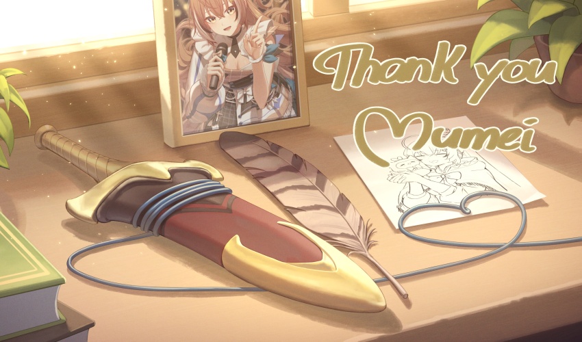 absurdres ahoge black_necktie book book_stack brown_eyes brown_hair buttons cleavage_cutout clothing_cutout crossed_bangs dagger day double-breasted double-parted_bangs drawing_(object) feathers hair_between_eyes hands_up highres holding holding_microphone hololive hololive_english hololive_idol_uniform_(bright) hooman_(nanashi_mumei) indoors jacket knife light_rays long_sleeves microphone multicolored_hair nanashi_mumei nanashi_mumei_(1st_costume) necktie no_humans photo_(object) picture_frame plant ponytail potted_plant resu_desu sheath sheathed short_necktie single_sleeve skirt streaked_hair virtual_youtuber weapon white_jacket white_skirt