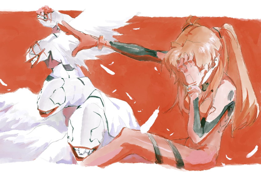 1girl 4boys 7ife bad_id bad_twitter_id bodysuit commentary covering_face english_commentary evangelion_(mecha) falling_feathers feathers hand_on_own_face highres injury interface_headset_(evangelion) long_hair mass_production_eva mecha_pilot_suit multiple_boys neon_genesis_evangelion outstretched_arm plugsuit_(evangelion) red_background red_bodysuit red_hair red_theme science_fiction sitting souryuu_asuka_langley the_end_of_evangelion twintails white_wings wings