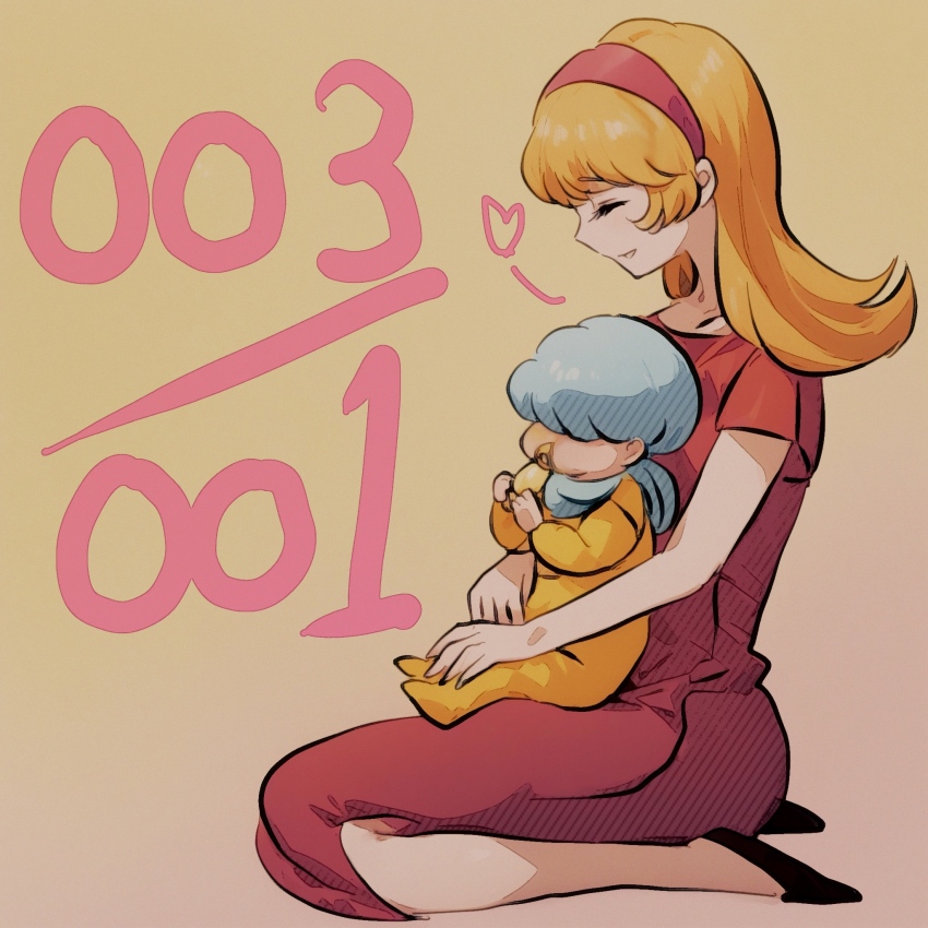1girl baby baby_carry black_shoes blonde_hair carrying closed_eyes cyborg cyborg_009 dress francoise_arnoul full_body grey_hair hairband highres hug ivan_whisky long_hair onesie red_dress red_hairband sariokisu shoes short_hair sitting