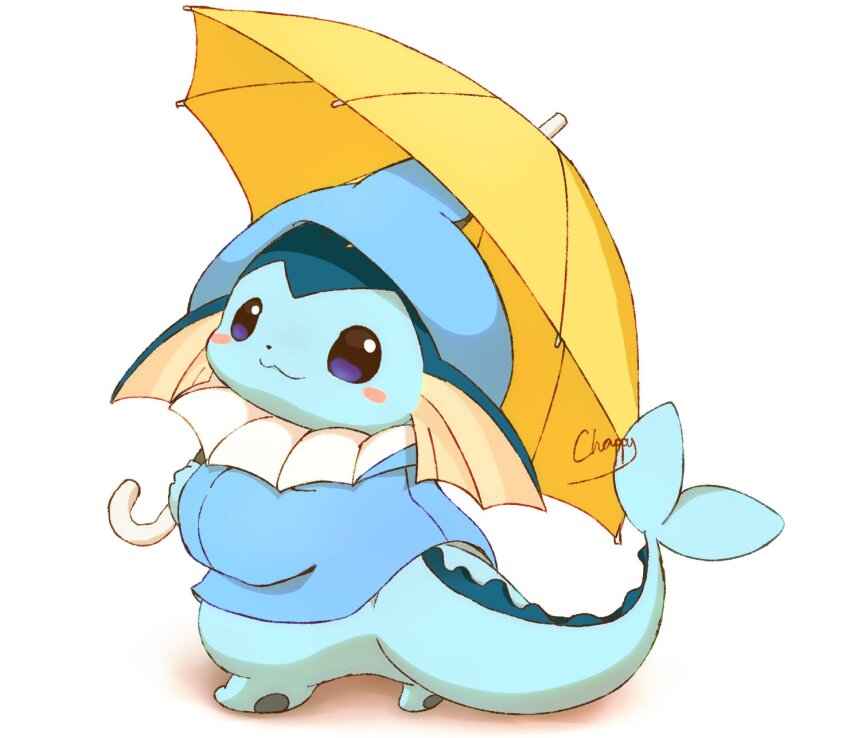 blue_eyes blush blush_stickers closed_mouth commentary_request gen_1_pokemon highres holding holding_umbrella mimix nintendo no_humans pokemon pokemon_(creature) raincoat signature simple_background smile solo standing umbrella vaporeon white_background